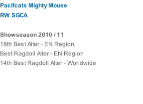 Pacifcats Mighty Mouse RW SGCA  Showseason 2010 / 11 18th Best Alter - EN Region Best Ragdoll Alter - EN Region 14th Best Ragdoll Alter - Worldwide